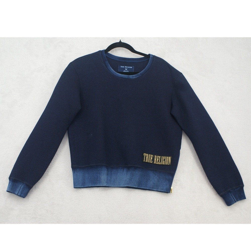 True Religion Sweatshirt Womens M Navy Gold Logo Side Zip Crewneck Cotton